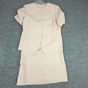 Emily... Skirt Suit Set Womens 14 Pink Short Sleeve Belted Lined 2 Piece Career
